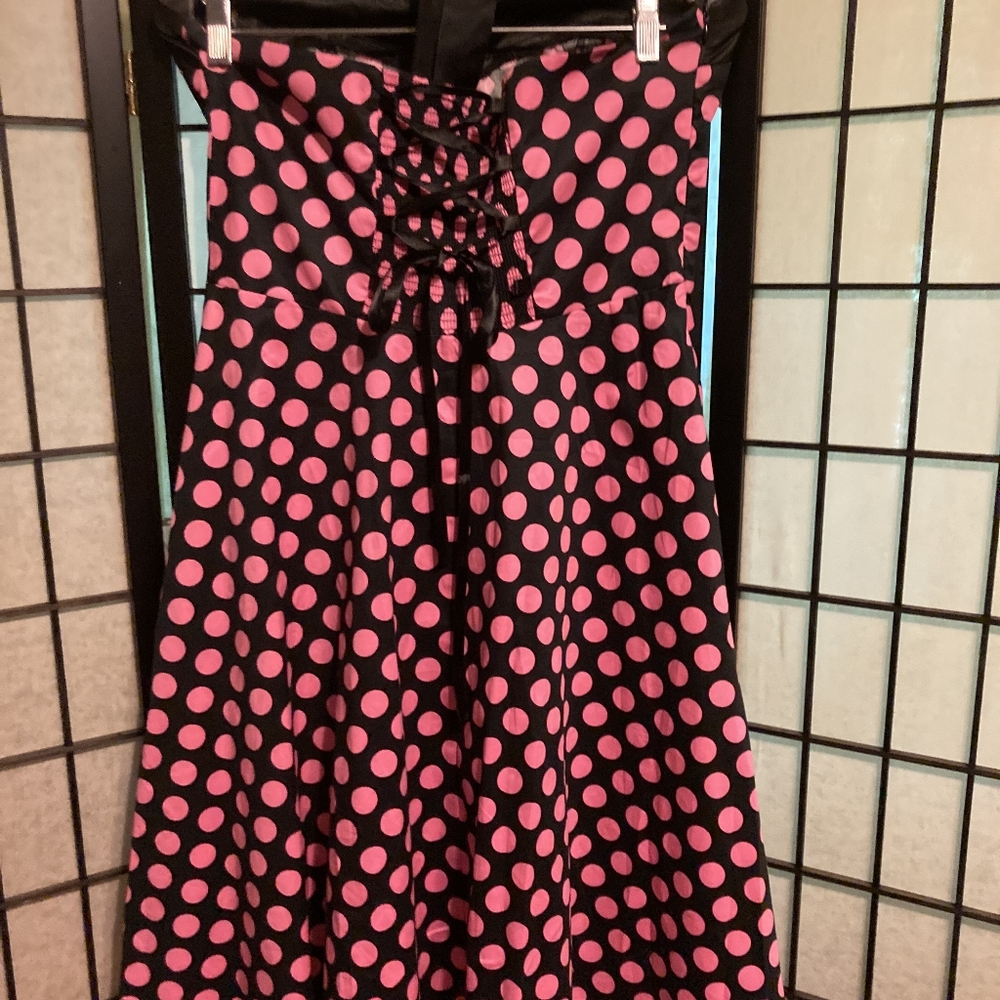 Blk and pink polka dot halter minidress